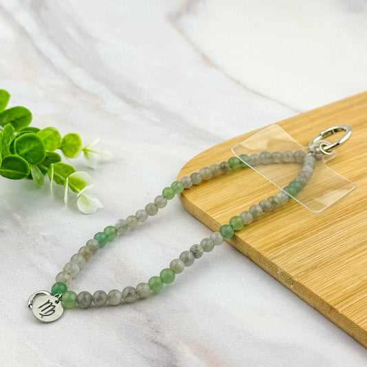 Chaîne bijoux téléphone Vierge en Labradorite et Aventurine Verte