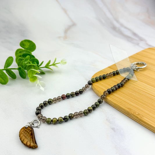 accroche téléphone jaspe sang de dragon et quartz fumé