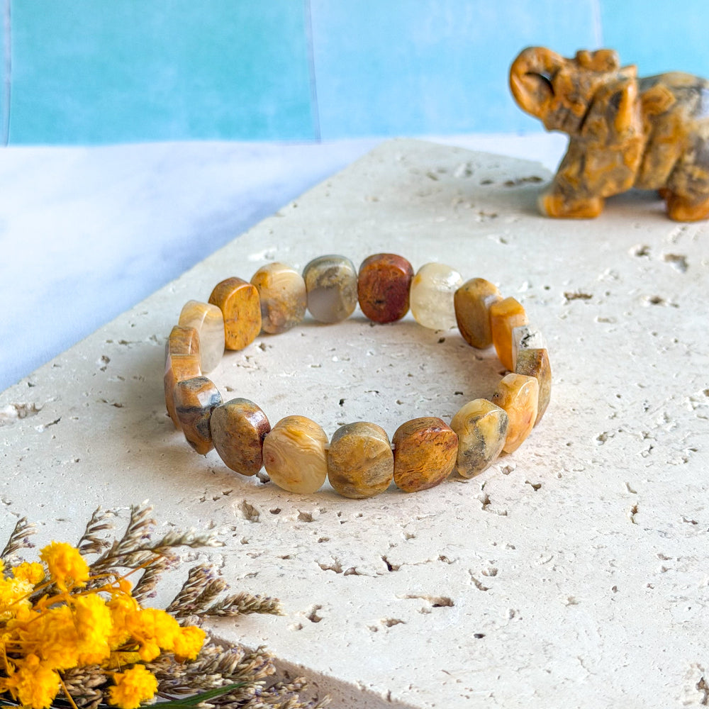 Gros bracelet facetté en agate crazy lace jaune