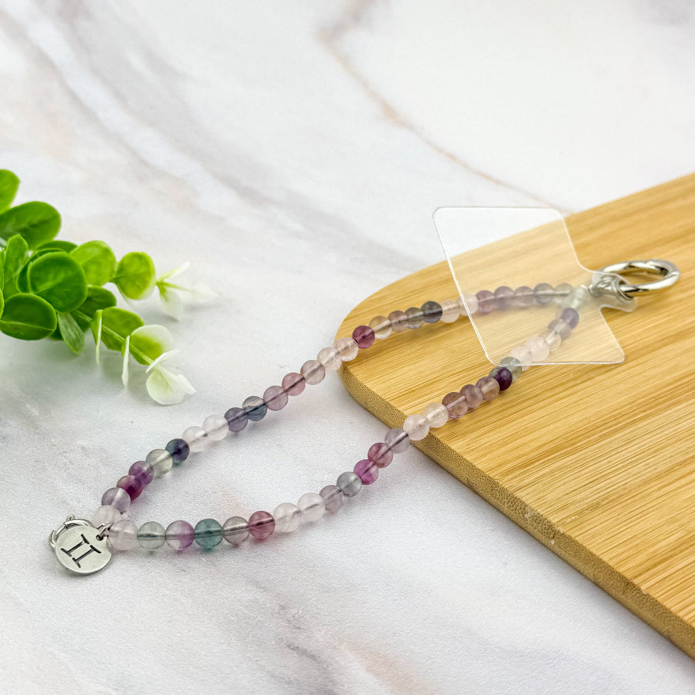 Chaîne bijoux téléphone Gémeaux Fluorite et Quartz Rose