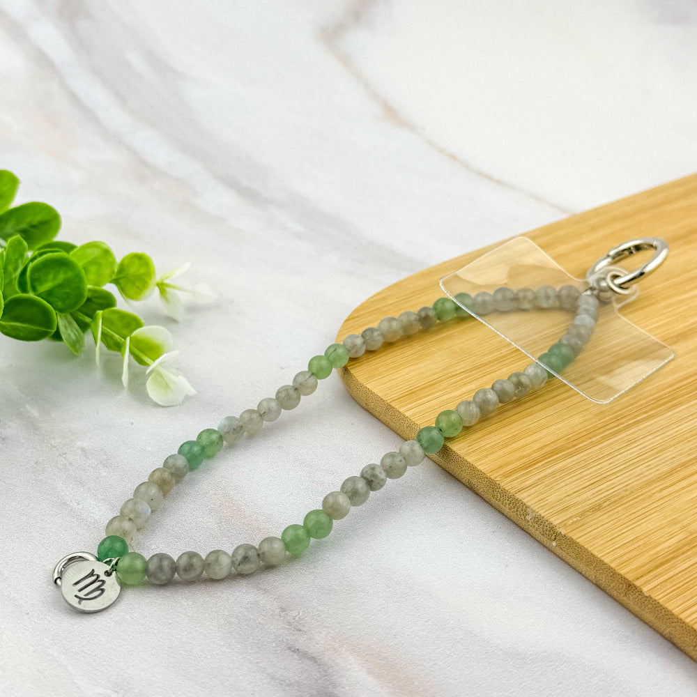 Chaîne bijoux téléphone Vierge en Labradorite et Aventurine Verte