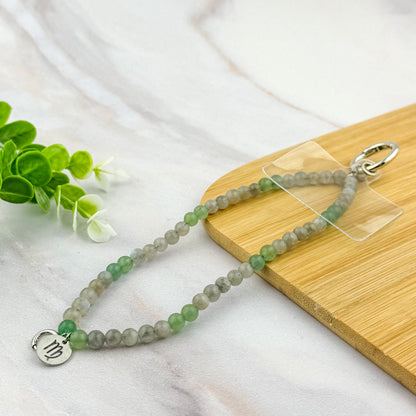 Chaîne bijoux téléphone Vierge en Labradorite et Aventurine Verte