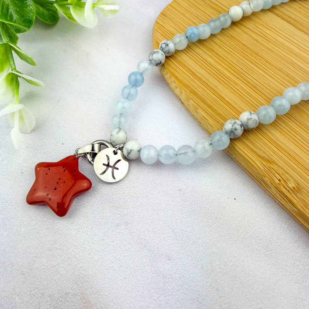 Chaîne de téléphone personnalisable Poissons — Aigue-Marine & Howlite, avec médaille du signe Poissons
