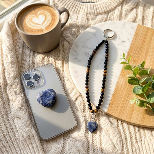 Bijou de téléphone en perles Tourmaline Noire & Œil de Tigre